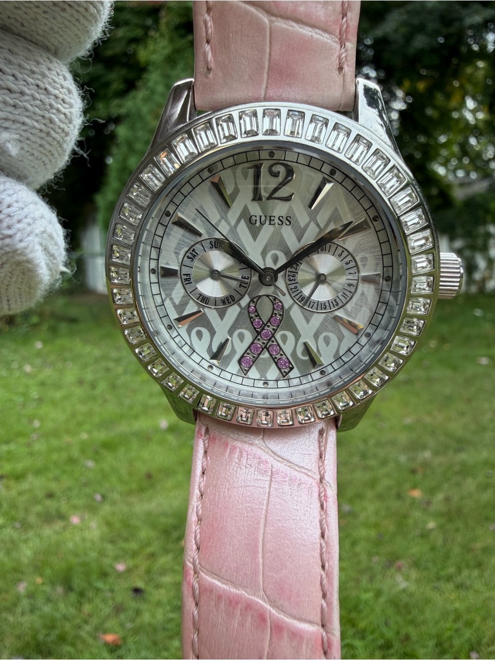 Guess Breast Cancer Awareness Watch U11542L1 Pink Ribbon Crystal Bezel Leather